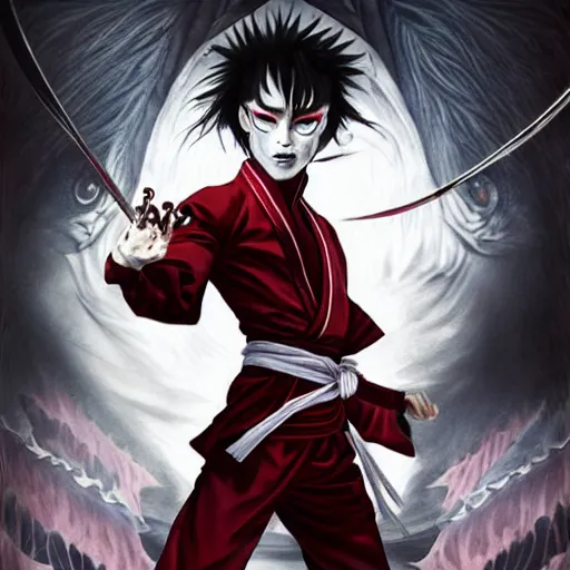 Image similar to yokai demon martial artist, handsome japanese demon boy, young adult yokai with long spiky black hair, vampiric skin, vantablack gi, red eyes, ultra realistic, intricate details, highly detailed, subsurface scattering, photorealistic, octane render, 8 k, art by artgerm, greg rutkowski, magali villeneuve, alphonse mucha