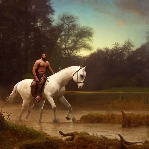 Prompt: large diorama, young man in leather tunic and loincloth, hopelessly pulling the lead of his white horse. The horse is neck deep in the mud of the swamp of sadness. Swampy, in the style of hudson river school, dark, volumetric lighting, crepuscule, octane render