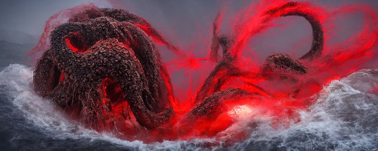 Prompt: giant elder kraken covered in red lightning in the middle of a giant whirlpool, award winning photograph, national geographic, 8k UHD