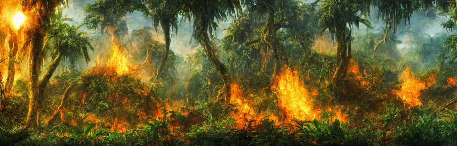 Image similar to painting of a jungle on fire!! scene on an alien planet by vincent bons. ultra sharp high quality digital render. detailed. beautiful landscape. weird vegetation. water.