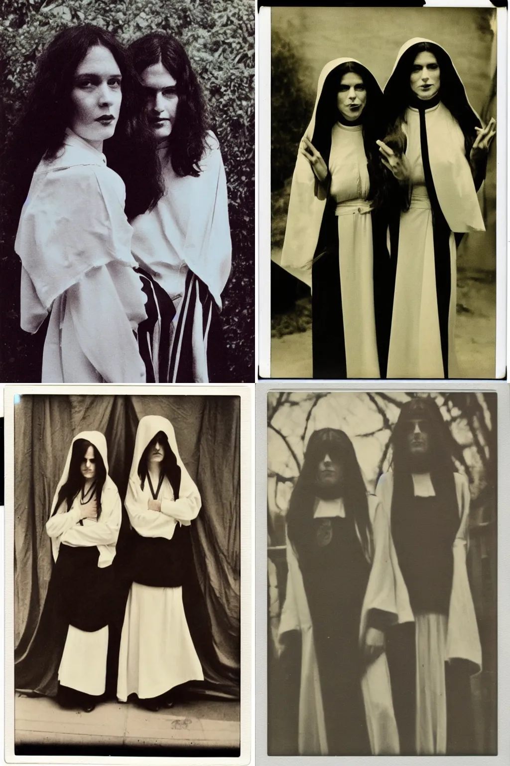 Prompt: 1970s, sensual, photo, a polaroid photo, art nouveau, dribble, twin nuns with long hair posing for a picture