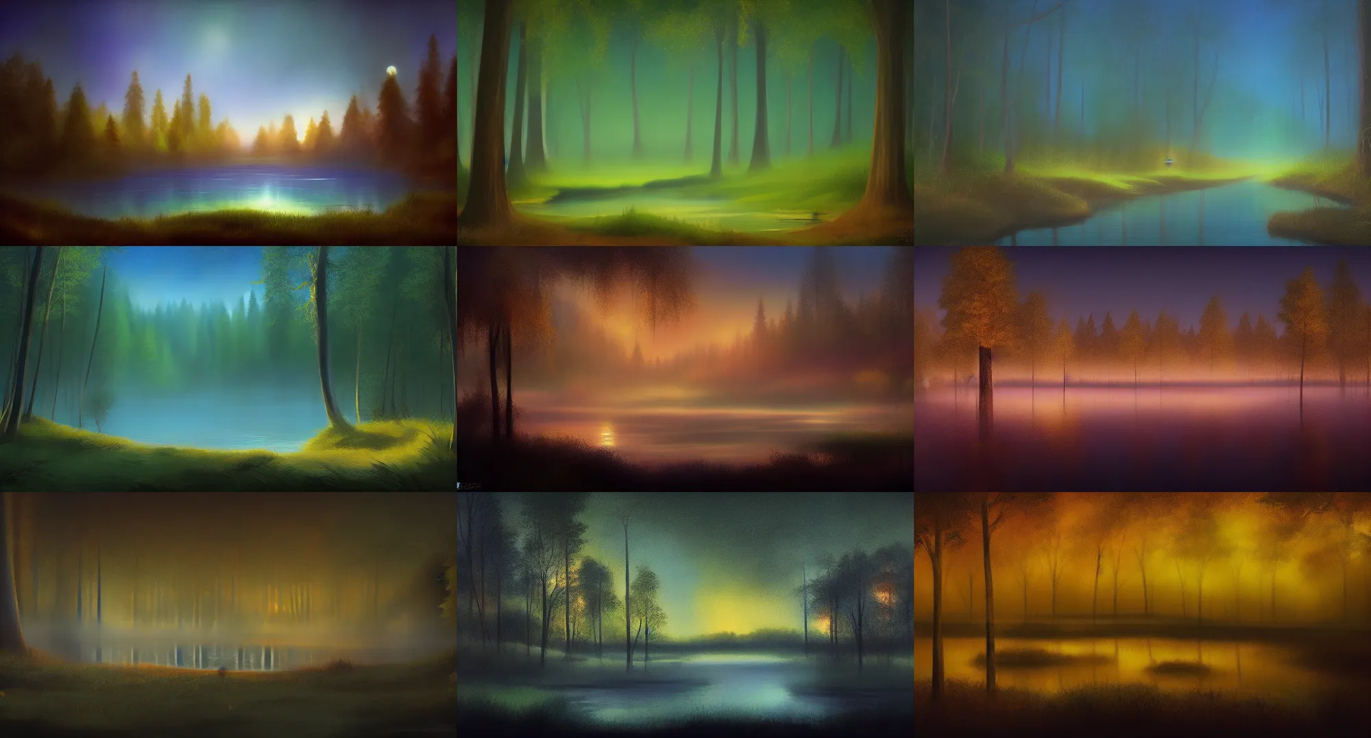 Prompt: Beautiful ambient forest painting with a lake at night, pixar color script concept art, HD