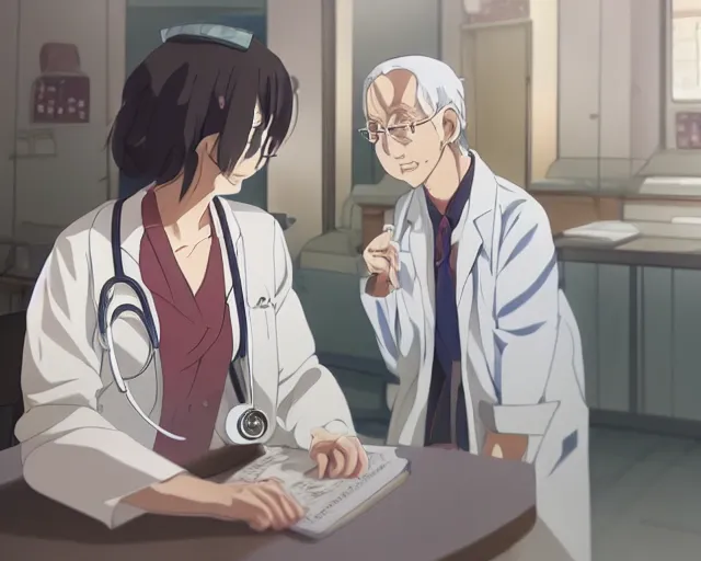 Image similar to a cute and beautiful young female doctor wearing white coat are talking with an old professor in a hospital, slice of life anime, lighting, anime scenery by Makoto shinkai