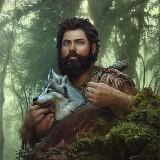 Image similar to epic fantasy portrait of a earth and nature god with medium length brown hair and a husky beard holding a dark metal sword in the deep forest as he looks at us, oil painting by Greg Rutkowski and Charlie Bowater and Artgerm, unreal 5, DAZ, epic RPG Portrait, trending on artstation, dynamic lighting, late afternoon lighting, forest, green theme, afternoon light