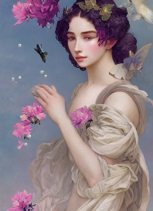 Prompt: beautiful, young woman, in renaissance times, halo, detailed gorgeous face, sad eyes, vaporwave aesthetic, synthwave long luxurious gown made out of pearls, flowers and ribbons, digital art, butterflies, birds, digital painting, artstation, concept art, smooth, sharp focus, illustration, art by artgerm and greg rutkowski and alphonse mucha