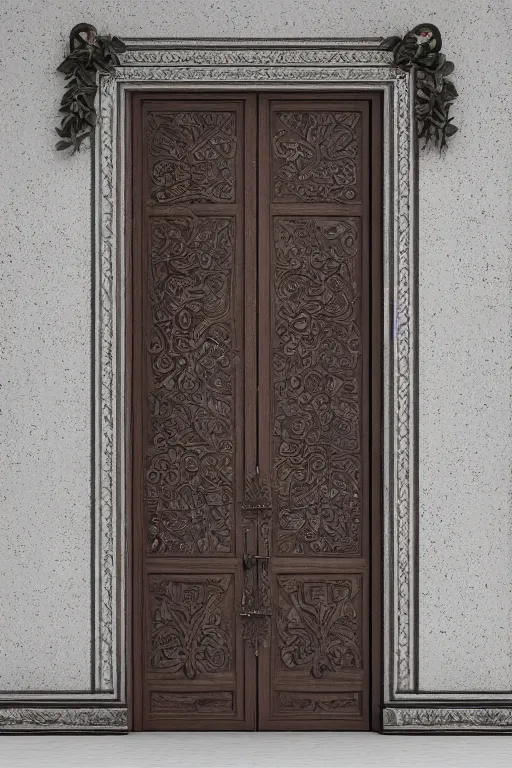 Image similar to a huge wooden door made by two slabs with live edge with rush plant ornaments in bright metalllic element, ornate, fantasy, photorealistic, octane render, volumetric light, high definition, ultra detailed, artstation, deviantart, cgsociety