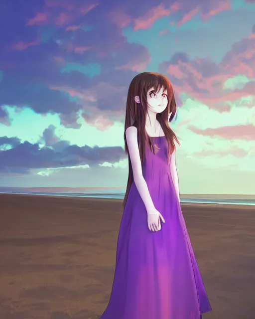 Prompt: a 1 8 - year - old girl wearing a violet dress, standing on a beach, with her eyes on the dusk, natural lighting, hyperdetailed anime - styled illurstration, 4 k