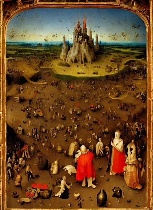 Prompt: Hell by Jan van Eyck, Hieronymus Bosch, Johannes Vermeer 4k post-processing, highly detailed medieval painting
