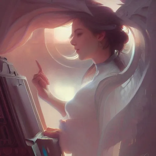 Prompt: staring at a computer screen, fog, volumetric lighting, intricate, elegant, highly detailed, digital painting, artstation, concept art, smooth, sharp focus, illustration, art by artgerm and greg rutkowski and alphonse mucha