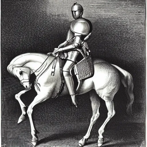 Prompt: a knight on a horse, engraving drawing