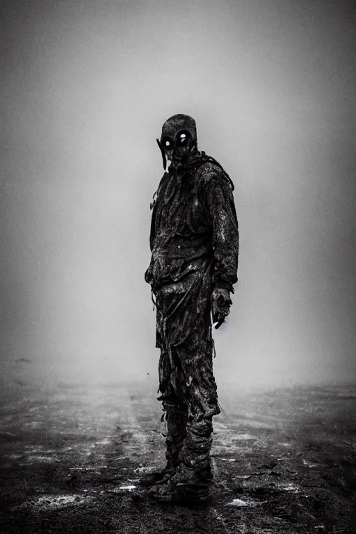 Prompt: the grotesque masked face of the watcher standing in a post apocalyptic wasteland, epic scene, dark, wet, dismal, grotesque mask, horror vibe, twilight, dark, dusk, stormy, black and white, atmospheric, moody lighting, grainy, gritty, epic