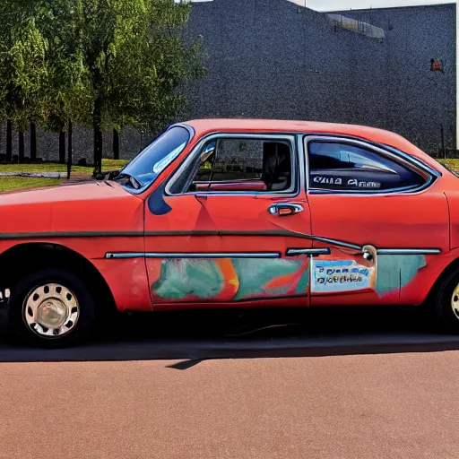 Prompt: a dodge neon, displayed as art at a museum