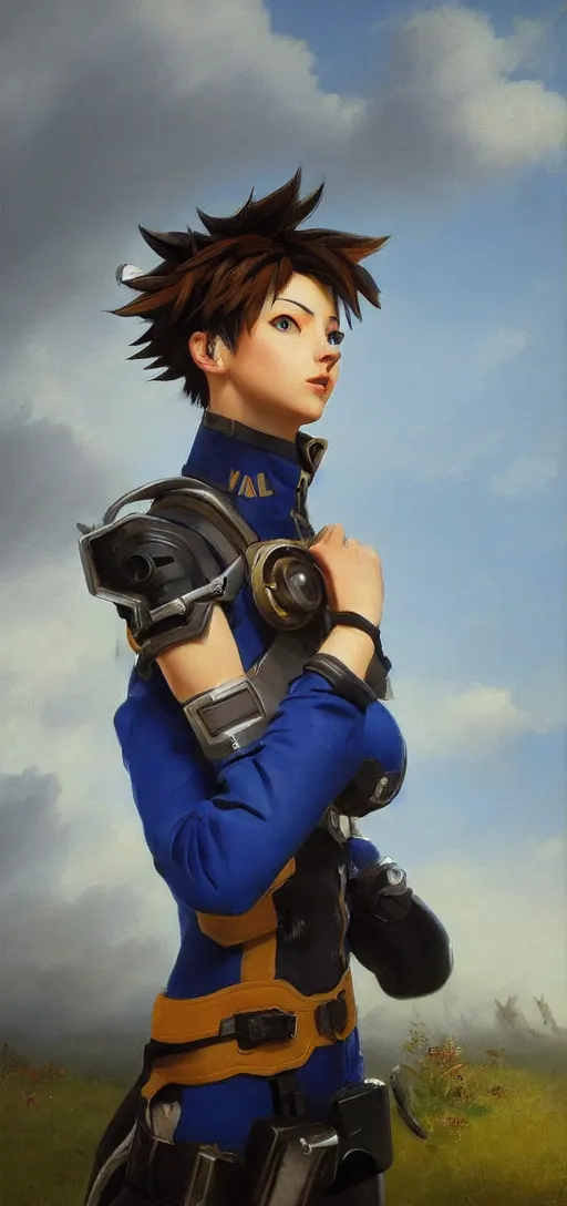 Prompt: oil painting of tracer overwatch in a field wearing blue uniform and black spiked collar, in style of ivan aivazovsky, expressive face, detailed face, detailed eyes, full body, feminine face, tracer overwatch,