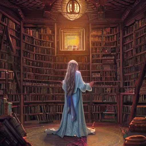 Prompt: a llama sorceress in a magical library, d & d character art, intricate robes, mystical runes, magical spells, glowing, fantasy, highly detailed digital illustration, beautiful, hyperrealistic, greg rutkowski, trending on artstation