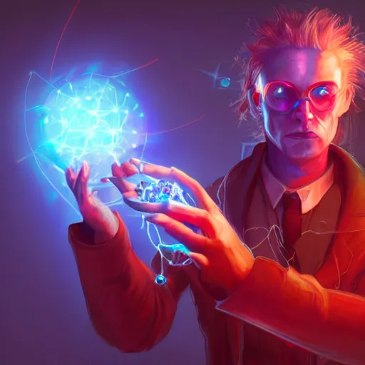 Image similar to a cyberpunk mad scientist holding a glowing-red crystal, D&D, fantasy, elegant, hopeful, muscular, highly detailed, digital painting, artstation, concept art, smooth, sharp focus, illustration