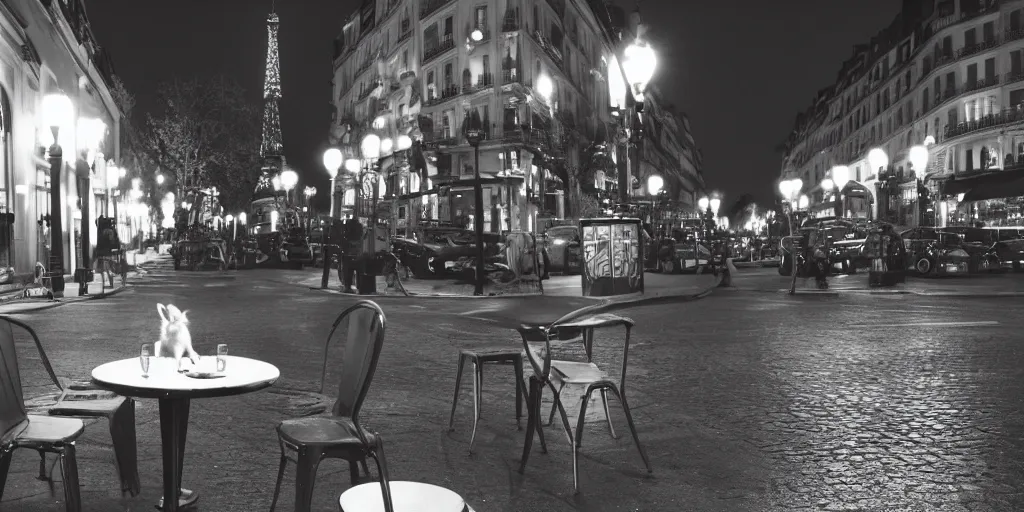 Image similar to a rabbit sitting outside a cafe in paris at night, the eiffel tower is visible in the background, black and white photograph