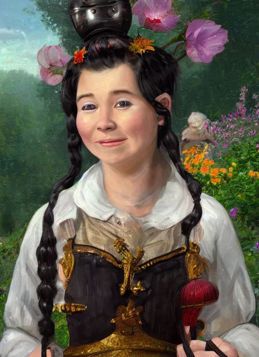 Prompt: close-up portrait of female young magician, smiling, with black pigtails, with round face, with small eyes, with small nose, with arms bare, with a winged helmet, with a wooden staff, in a garden,, painting in the museum, highly detailed, sharp focus, digital painting, artwork by Kinkade, by Victor Adame Minguez by Yuumei by Tom Lovell by Sandro Botticelli