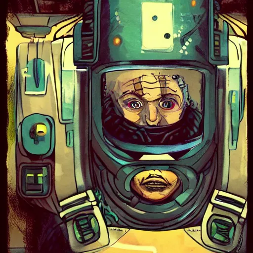 Image similar to old man in exosuit standing behind futuristic bar on space station, face tattoos, punk, grunge, rough, paint, scratchy, science fiction, cyberpunk, retrofuture, illustration