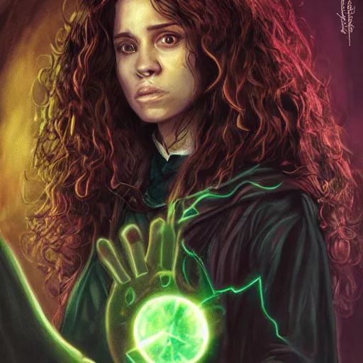 Prompt: full body portrait of hermione granger ( from harry potter ) as a dark hot witch, concept art, green magic, hyper detailed, art station, fantasy art, illustration, dark lighting by mark brooks