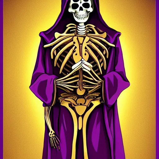 Prompt: a skeleton in a purple robe, golden magical shoulder pads, in a hood, a red magic sphere in the chest, he stands next to the golden throne, manga, anime overlord, hand drawn, proportions, 2d