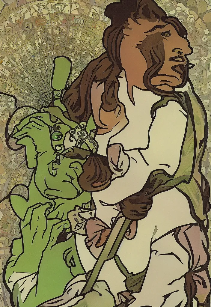 Prompt: yann lecun as shrek, in art style by alphonse mucha