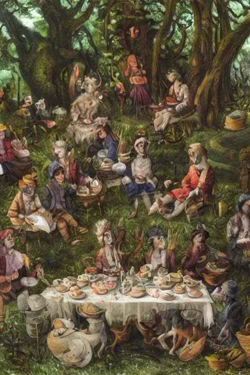 Prompt: The forest dwellers at a tea party