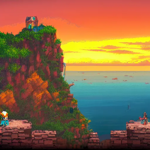 Image similar to a knight rests on a cliff above a cozy and cute seaside village at sunset, dramatic lighting, vivid color, snes screenshot, pixels, trending on artstation