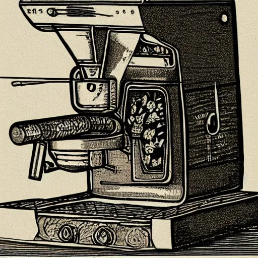 Prompt: illustration of an espresso machine designed by Leonardo Da Vinci