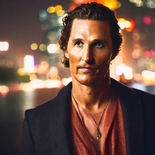 Image similar to a still of matthew mcconaughey . He's looking directly at the camera. HD. Shallow depth of field. City at night in background, lights, colors ,studio lighting, mood, 4K. Profession photography