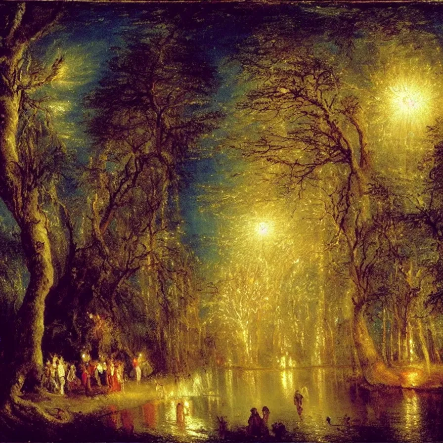 Prompt: a night carnival around a magical tree cavity, with a surreal orange moonlight and fireworks in the background, next to a lake with iridiscent water, christmas lights, folklore animals and people disguised as fantastic creatures in a magical forest by summer night, masterpiece painted by turner, scene by night, dark night environment, refraction lights, glares