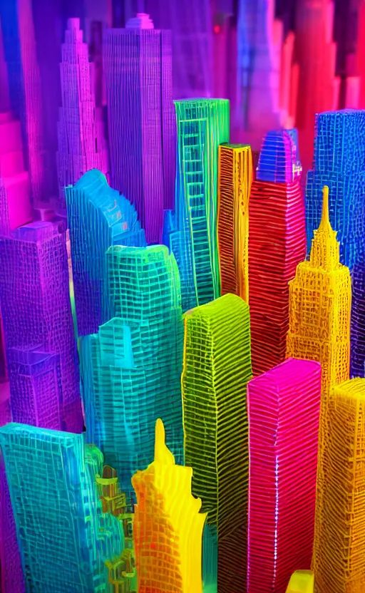 Prompt: colorful translucent jello gelatin pieces shaped like skyscrapers, aerial photography, vibrant colors, canon 1 - dx, shallow depth of field, tilt shift, dramatic lighting, smooth surfaces, photorealistic, unreal engine render, octane render, 8 k