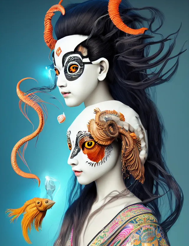 Image similar to 3 d slvic goddess half - turn portrait with long hair with ram skull. beautiful intricately detailed japanese crow kitsune mask and clasical japanese kimono. betta fish, jellyfish phoenix, bio luminescent, plasma, ice, water, wind, creature, artwork by tooth wu and wlop and beeple and greg rutkowski