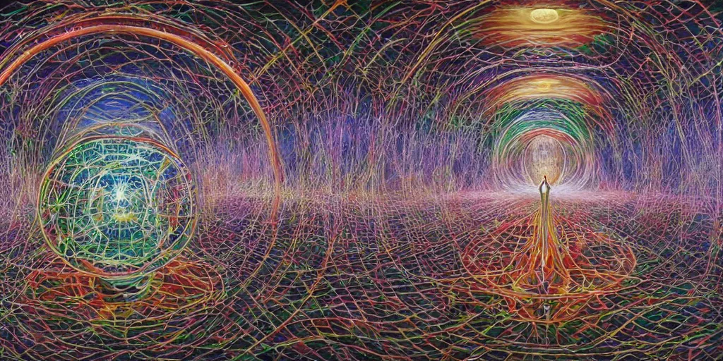 Image similar to dome syndrome is a mental projection of a self - contained vessel of light, constructed by one's own mental perceptions, however, this liberating space often turns out to be a limiting condition for exploring what truly lies beyond, volumetric lighting and shadows, concept art, biomechanical, realistic oil painting by alex grey