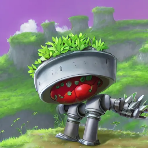 Image similar to cute robot made of plants wearing tomato hat and a chive sword, made in abyss style