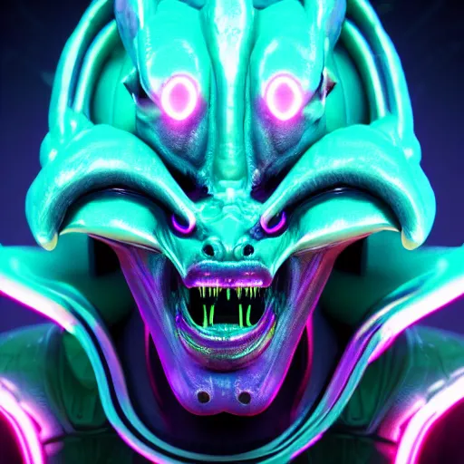 Image similar to synthwave demonic alien face with neon horns, detailed face, sharp focus, synthwave art, aesthetic, octane render, raw, cinematic