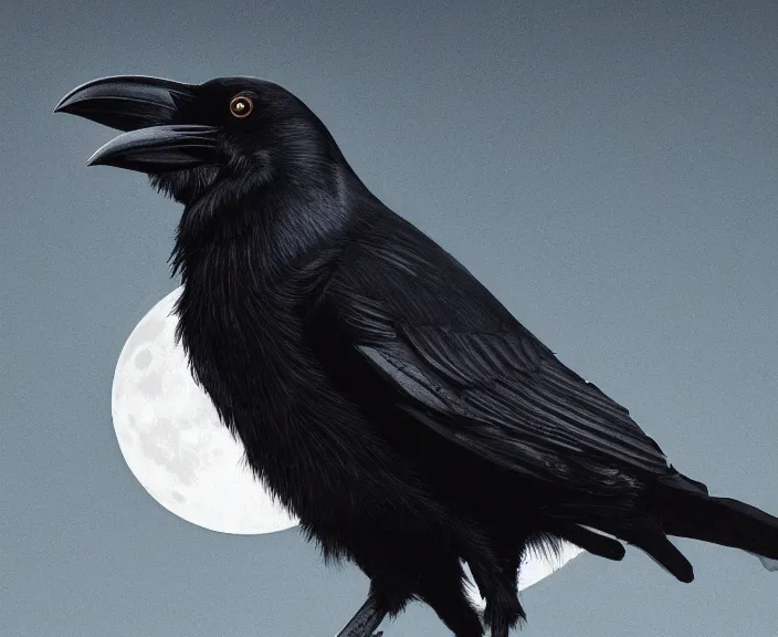 Image similar to a hyper-detailed close-up portrait of a crow on a tree in front of the full big moon; an extraordinary masterpiece; flawless; proud posture; photorealistic eyes; trending on artstation; f/1.4; 90mm