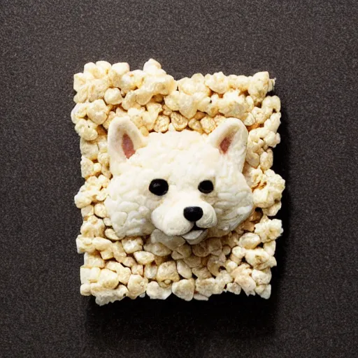 Image similar to a rice krispie square sculpture of a shiba inu head