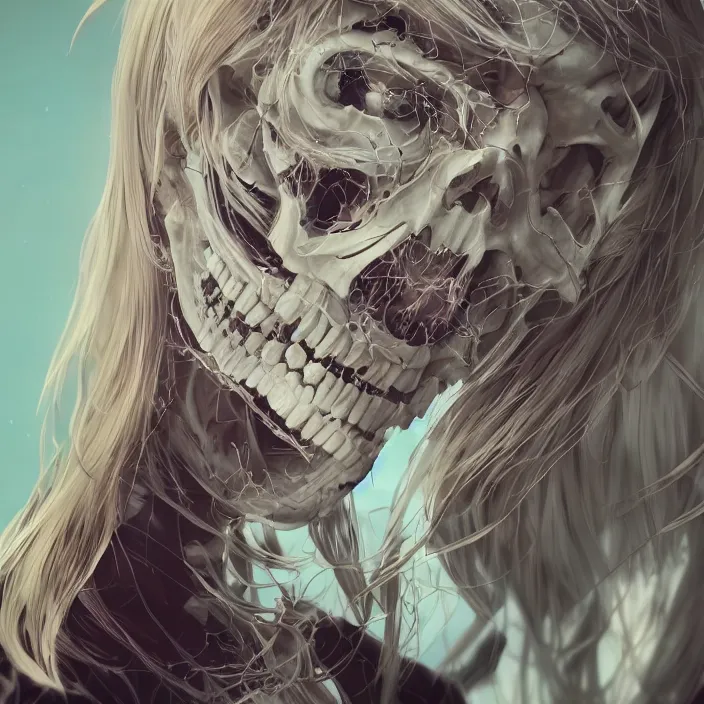 Prompt: portrait of blonde anime girl as a skull in a suit. intricate abstract. intricate artwork. nightmare fuel. by Tooth Wu, wlop, beeple, dan mumford. octane render, trending on artstation, greg rutkowski very coherent symmetrical artwork. cinematic, hyper realism, high detail, octane render, 8k, iridescent accents