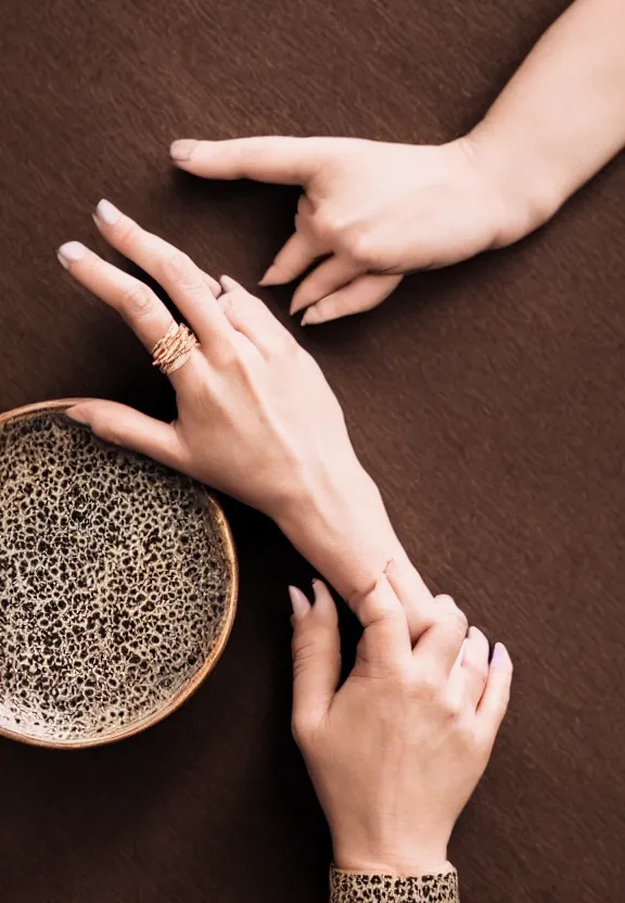 Image similar to a photo of one ultra detailed photorealistic woman's hand with cupped palm up, back of hand on the table, palm pattern visible, instagram photo, studio photo, 9 0 mm, f / 1. 4