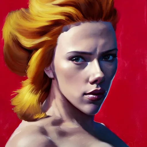 Image similar to greg manchess portrait of scarlett johansson as thick muscular weightlifter zarya from overwatch with ponytail and red hair, medium shot, asymmetrical, profile picture, organic painting, sunny day, matte painting, bold shapes, hard edges, street art, trending on artstation, by huang guangjian and gil elvgren and sachin teng