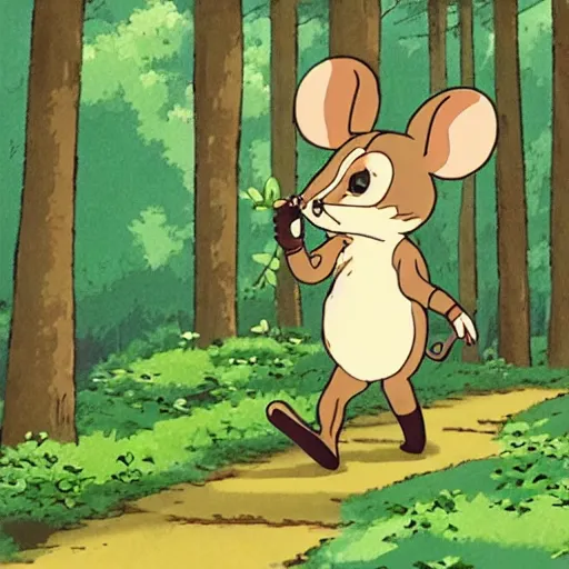Prompt: an anthropomorphic mouse walking through a lush forest, studio ghibli, Bohemia, old world