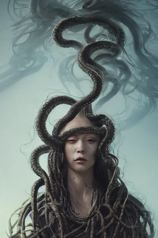 Prompt: A beuatiful portrait of medusa by Greg Rutkowski, Sung Choi, Mitchell Mohrhauser, Maciej Kuciara, Johnson Ting, Maxim Verehin, Peter Konig, Bloodborne , 8k photorealistic, cinematic lighting, HD, high details, dramatic, atmospheric , trending on artstation