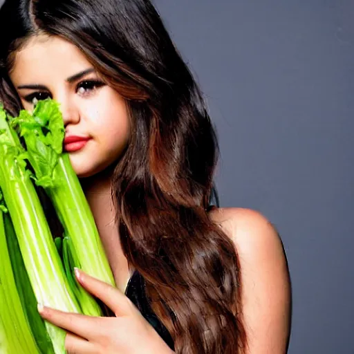 Image similar to selena gomez with celery hands