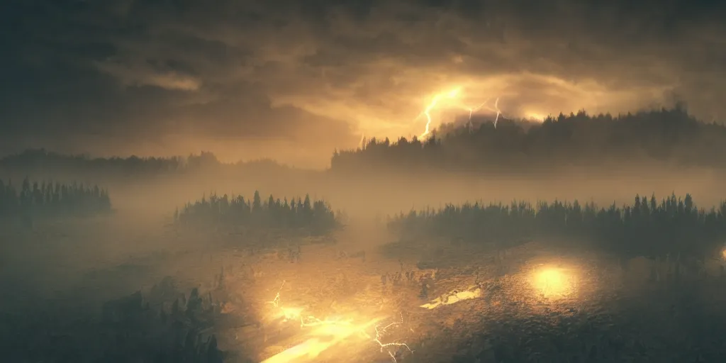 Image similar to valhalla, fog, amazing lightning art, fog, octane render, ray tracing, realistic fire sharp focus, long shot, 8 k resolution, cinematic