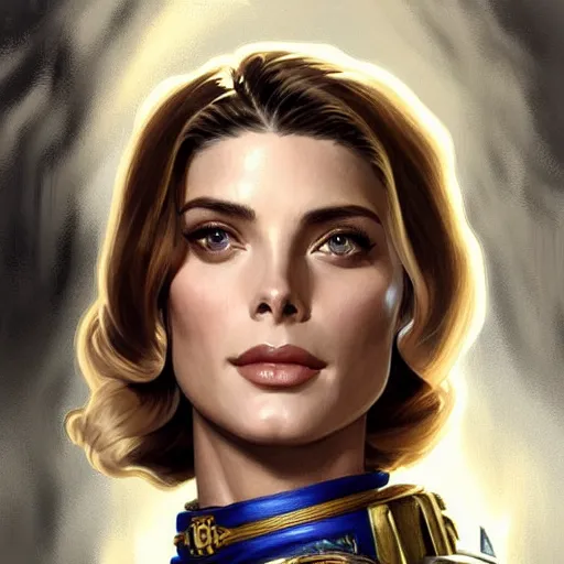 Prompt: Ashley Greene's and Grace Kelly's faces combined as a Space Marine, western, D&D, fantasy, intricate, elegant, highly detailed, digital painting, artstation, concept art, matte, sharp focus, illustration, art by Artgerm and Greg Rutkowski and Alphonse Mucha