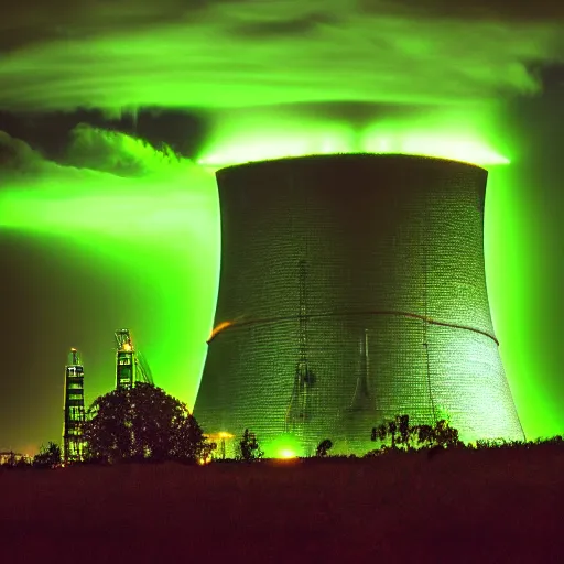 Image similar to nuclear power plant glowing green during a stormy night, award winning photography