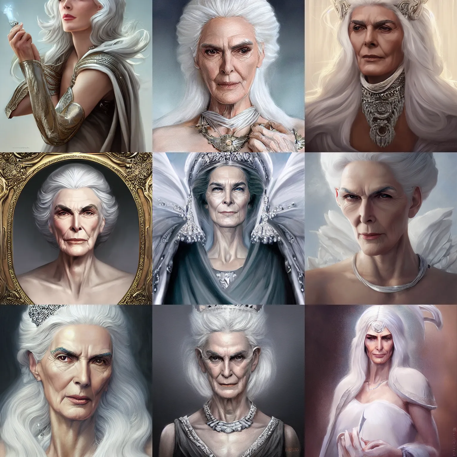 Image similar to elderly greek goddess, queen, white hair, white tunic, carmen dell ’ orefice, regal, art by artgerm and greg rutkowski and magali villeneuve, d & d, fantasy, portrait, highly detailed, digital painting, trending on artstation, concept art, sharp focus, illustration