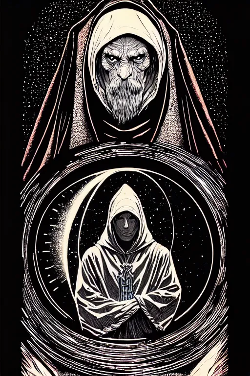 Prompt: wizard in a hooded cloak gazing into a crystal ball, high details, intricately detailed, by vincent di fate, inking, 3 color screen print, masterpiece, trending on artstation,, sharp, details, hyper - detailed, hd, 4 k, 8 k