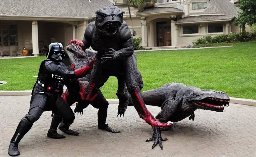 Prompt: Darth wrestling a T-rex in front of his home, 8k