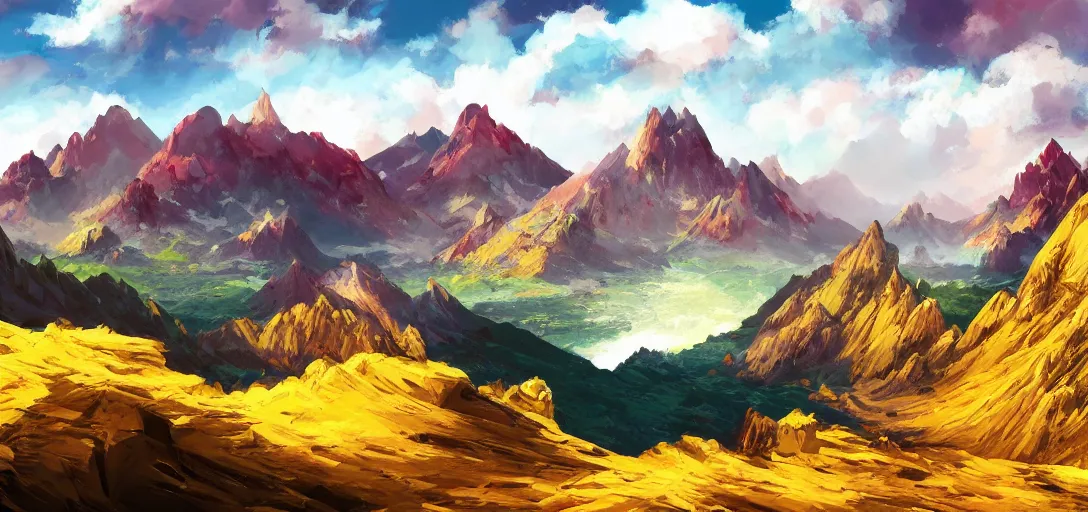 Image similar to vast mountain landscape, craggy mountains, magic the gathering, three - colors, three - color color palette, panoramic, wide angle, horizon, highly detailed